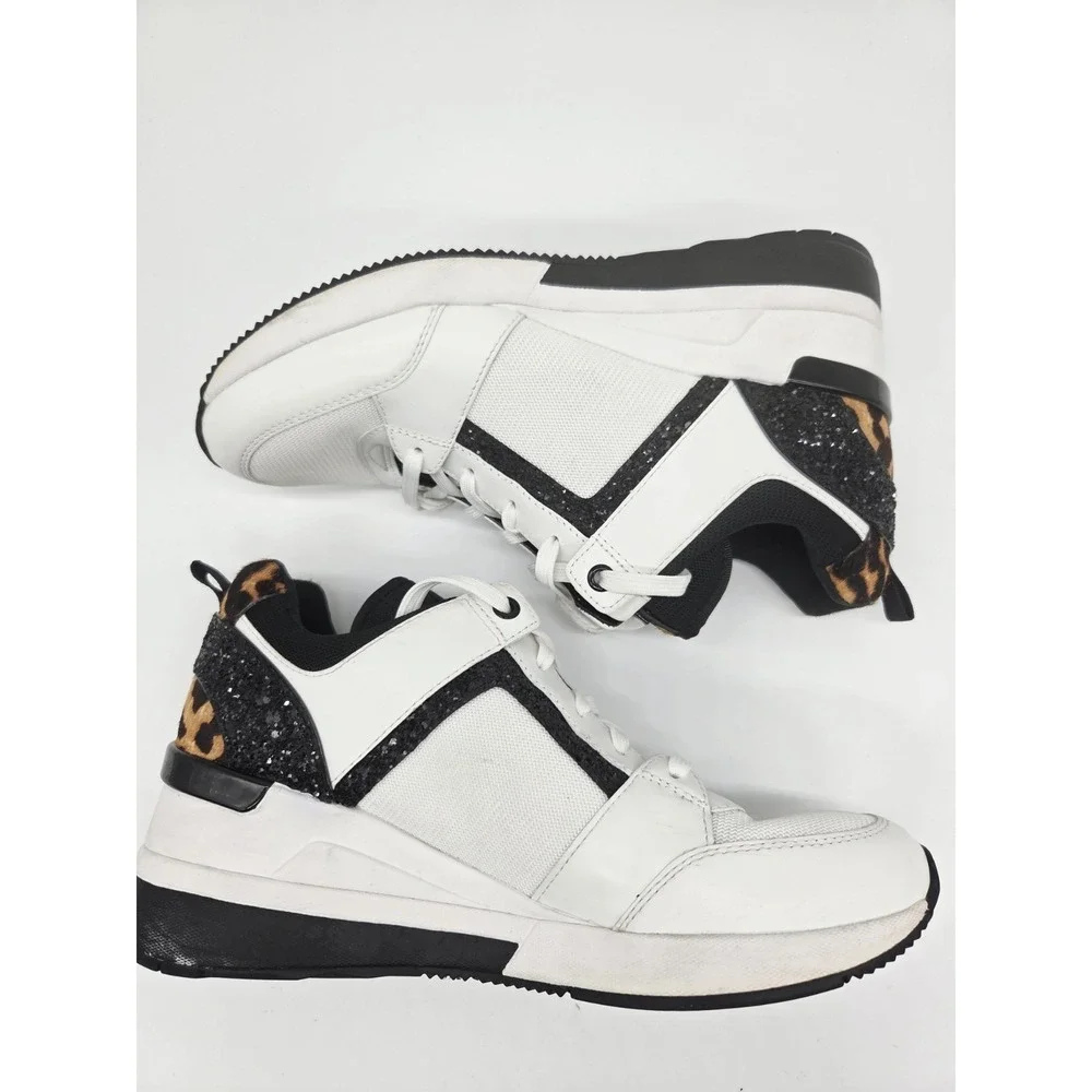 Michael Kors White Cheetah Knit Trainer Black Size 9M Black Leather Wedge‎ Shoes